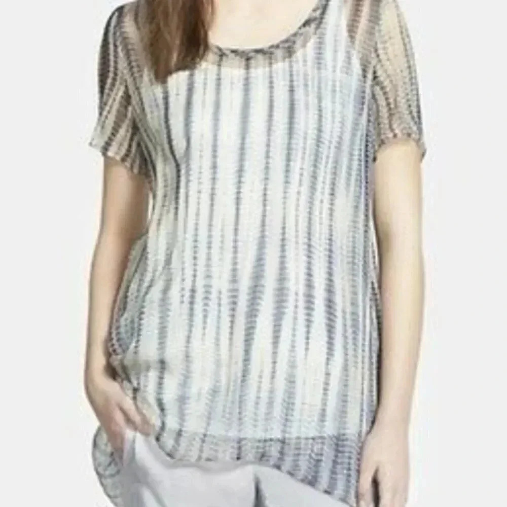 EILEEN FISHER Shibori Graphite Sheer 100% Silk Short Sleeve Tunic Top 2-4 Petite